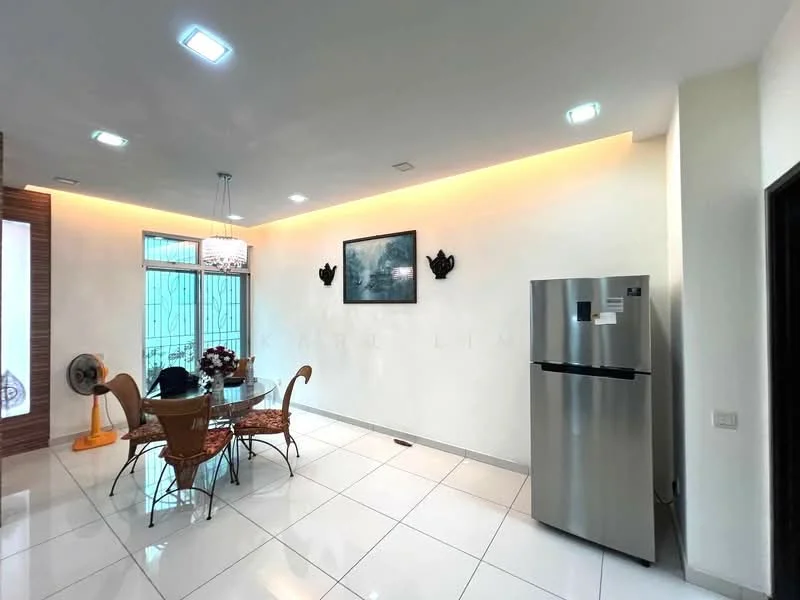 Dining features: white painted walls, glossy white tile flooring, recessed LED downlights, chandelier, round dining table, 4 rattan dining chairs, framed artwork on wall, floor-to-ceiling windows, air conditioning unit, stainless-steel fridge, decorative wall sconces; style: modern.