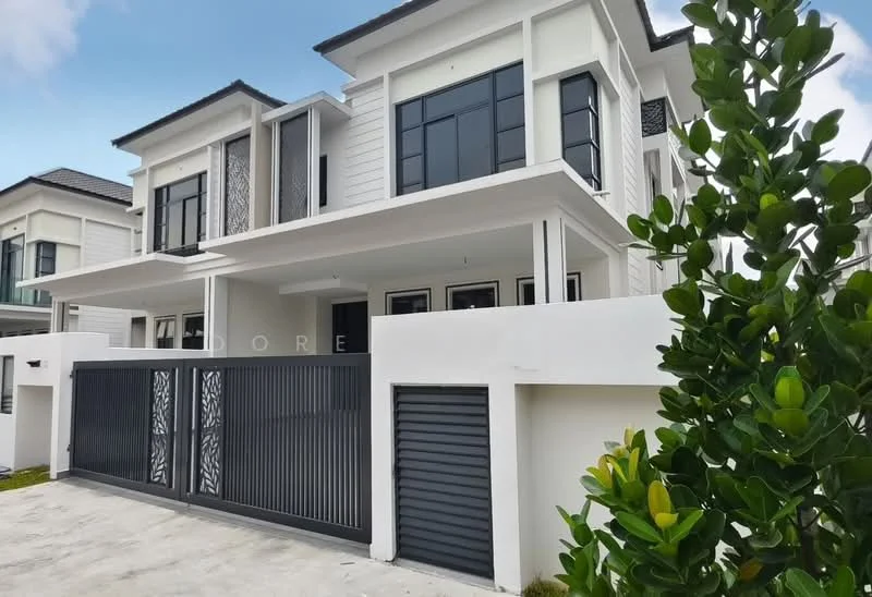 Exterior type: detached bungalow; features: white painted facade, black metal gate, single-storey, flat roof, large windows, manicured lawn, driveway with interlocking pavers, decorative wall panels, covered porch, modern architectural design; style: modern.