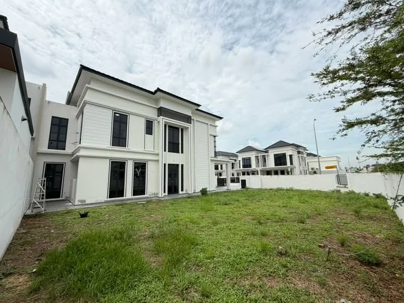 Exterior type: detached bungalow; features: white painted facade, large windows, two-storey structure, manicured lawn, surrounding greenery, concrete pathway, gated entry, modern architectural design; style: modern.
