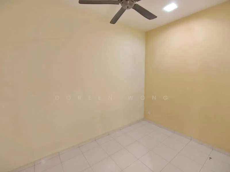 Room features: yellow painted walls, white tiled flooring, ceiling fan, recessed LED downlights.
