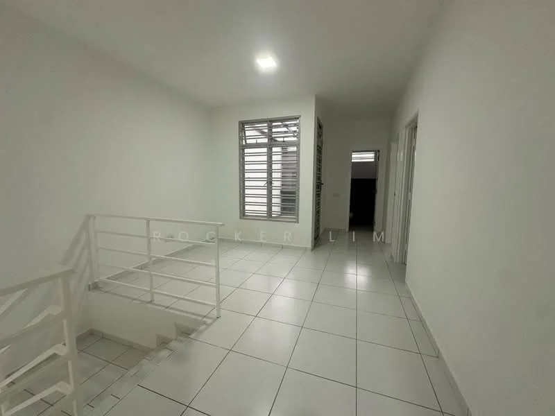 Room features: white painted walls, white tiled flooring, recessed ceiling lights, large windows with horizontal slats, open space layout, staircase with railing, doorways leading to other rooms; style: modern.