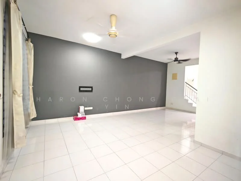 Living features: white tiled flooring, grey accent wall, white painted walls, ceiling fan, wall-mounted feature panel, large windows with sheer curtains, recessed lighting, open layout; style: modern.