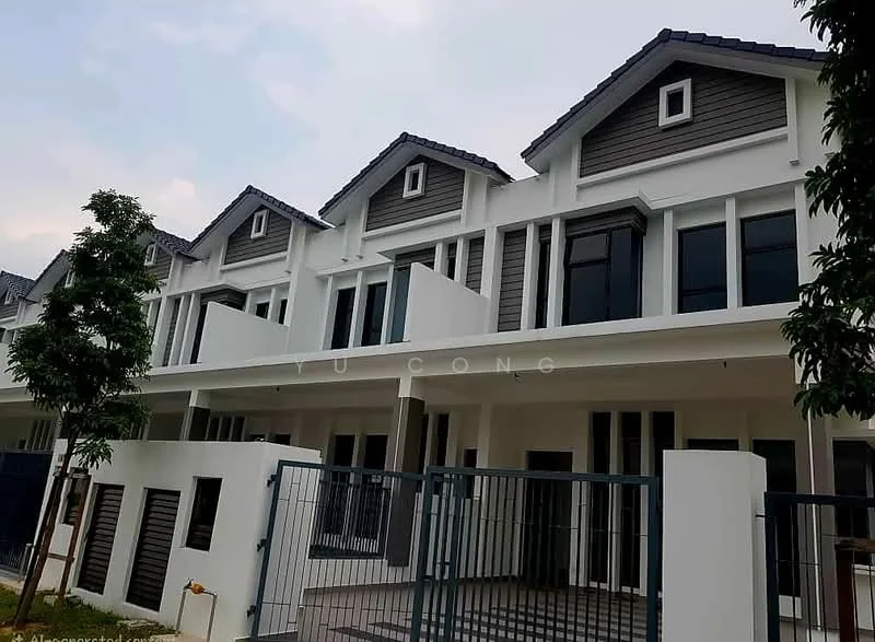 Exterior type: linked terrace house; features: white painted facade, grey accent panels, pitched tile roof, double-storey, recessed balconies, metal railing, front garden area, fenced perimeter, landscaped walkway, mature trees; style: modern.