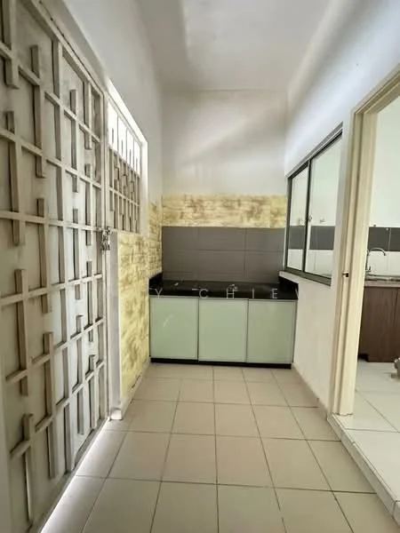 Kitchen features: grey tiled backsplash, white cabinetry, black countertop, tile flooring, window with grid design, open layout, wall-mounted mirror, light-colored walls; style: modern.