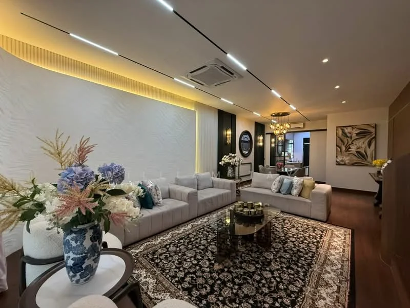 Living features: 3-seater fabric sofa in light grey, 2-seater fabric sofa in light grey, decorative area rug with geometric pattern, round coffee table with gold accents, wall-mounted TV, feature wall with textured white panels, recessed LED downlights, chandelier with multiple bulbs, decorative mirror, vase with flowers, side tables with decorative elements, wooden flooring; style: modern.