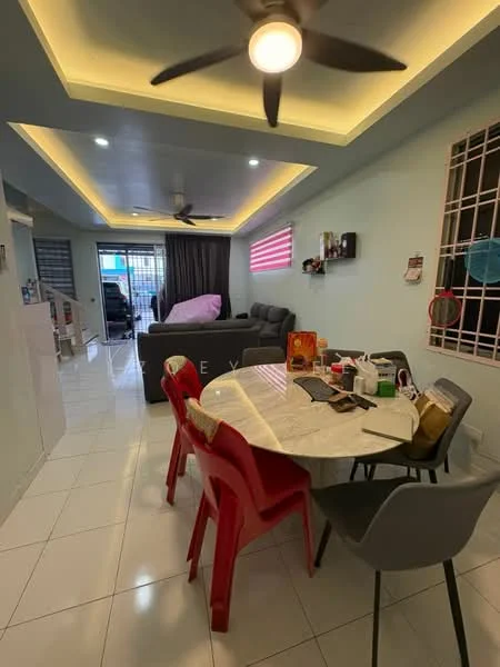 Dining features: round marble dining table, 4 red plastic chairs, 2 grey plastic chairs, white tiled flooring, recessed ceiling lights, ceiling fan, light blue painted walls, wall-mounted decor, open layout to living area; style: modern. Living features: grey fabric sofa, floor-to-ceiling windows, curtains, light blue painted walls, white tiled flooring, recessed ceiling lights, ceiling fan; style: modern.