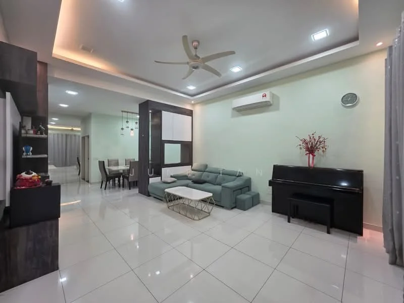 Living features: white painted walls, recessed ceiling with LED lighting, 5-blade ceiling fan with light, large floor-to-ceiling windows, white ceramic tile flooring, green fabric sectional sofa, coffee table with white top, black piano, wall-mounted air conditioning unit, decorative wall clock, curtains, decorative vase with flowers; style: modern. Dining features: 6-seater dining table, white dining chairs, hanging pendant lights, open layout to living area; style: modern.