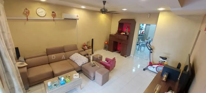 Living features: 3-seater fabric sofa in beige, 2-seater fabric sofa in pink, coffee table, TV console, wall-mounted TV, ceiling fan, white tiled flooring, light yellow painted walls, decorative wall clock, exercise bike, built-in shelving unit, decorative items on shelves; style: modern.
