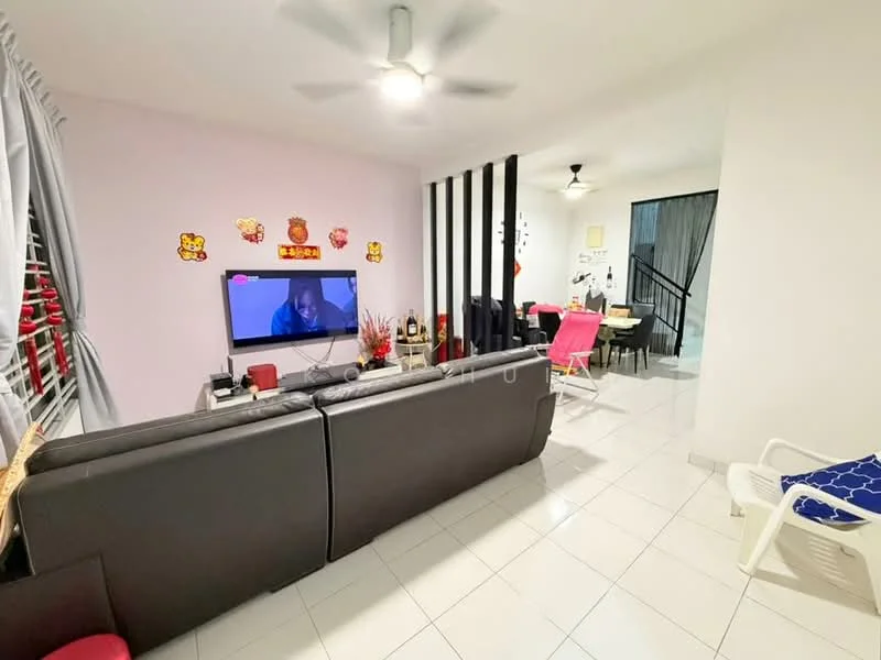 Living features: black leather sofa, wall-mounted TV, ceiling fan with light, white tiled flooring, pink painted walls, decorative wall art, curtains, area rug, coffee table; style: modern. Dining features: dining table with chairs, pendant lighting, black accent wall, open layout to living area; style: modern.