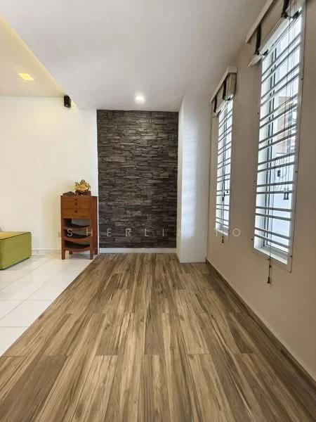 Room features: white painted walls, feature wall with stone cladding, laminate wood flooring, floor-to-ceiling windows with horizontal slats, decorative wooden cabinet, recessed lighting, natural light from windows; style: modern.