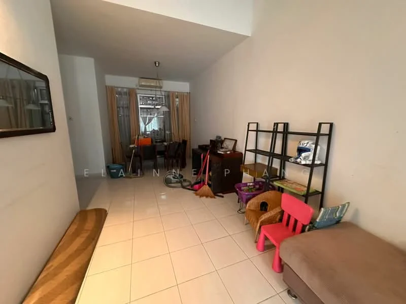 Living features: white painted walls, glossy tile flooring, ceiling light fixture, large window with sheer curtains, brown sofa, pink children's chair, black shelving unit, dining table with chairs, cleaning supplies visible, decorative mirror, area rug; style: modern.