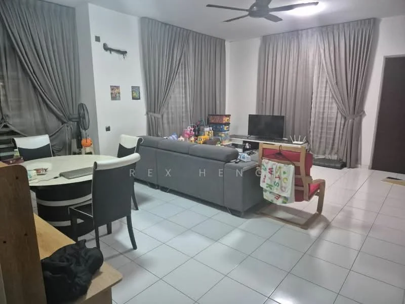 Living features: grey fabric sofa, 3-seater sofa, white dining table, black and white striped dining chairs, wall-mounted TV, TV console, ceiling fan, white tiled flooring, curtains, decorative toys on sofa, area rug; style: modern.