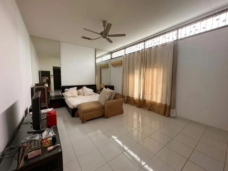 Bedroom features: king-size bed with white bedding, upholstered headboard, 2 bedside tables, 3-blade ceiling fan, floor-to-ceiling windows, sheer curtains, brown curtains, white painted walls, glossy white tile flooring, TV console, wall-mounted TV, mirror on the wall, sofa, decorative throw pillows; style: modern.