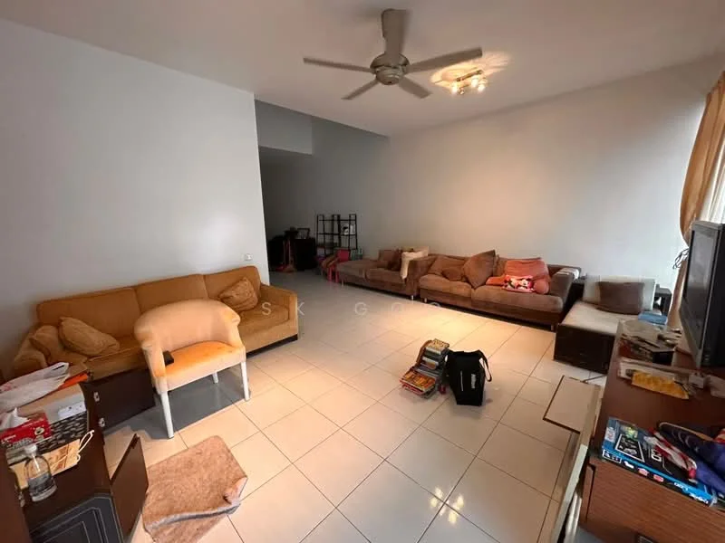 Living features: cream painted walls, white tiled flooring, 5-blade ceiling fan, sofa in brown fabric, 2-seater sofa in beige, coffee table, TV console, wall-mounted TV, area rug, decorative items on shelves; style: modern.