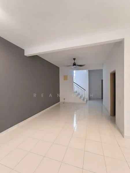 Room features: white painted walls, grey accent wall, glossy ceramic tile flooring, 5-blade ceiling fan, staircase with railing, open layout, natural light from windows, neutral color palette; style: modern.