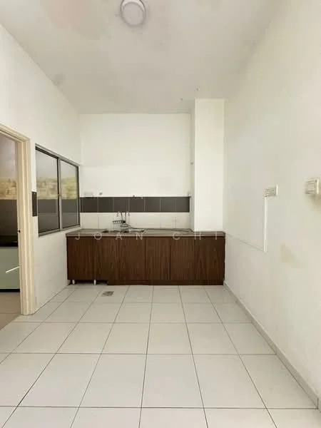 Kitchen features: white painted walls, tile flooring, brown wooden cabinetry, single-bowl stainless-steel sink, chrome pull-down faucet, black tile backsplash, countertop with overhang, window with view to outside; style: modern.