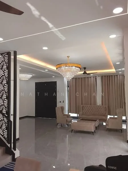 Living features: marble tile flooring, white painted walls, tray ceiling with recessed lighting, chandelier, 5-blade ceiling fan, floor-to-ceiling windows with sheer curtains, two beige armchairs, beige sofa, black door, decorative wall panel, LED strip lighting, wall-mounted artwork; style: modern.