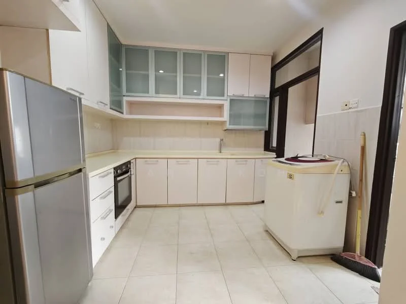 Kitchen features: white cabinetry with glass-front upper cabinets, light-colored countertop, stainless-steel fridge, built-in oven, freestanding washing machine, ceramic tile flooring, neutral wall tiles, single-bowl stainless-steel sink, chrome pull-down faucet, window with black frame, broom and mop visible; style: modern.