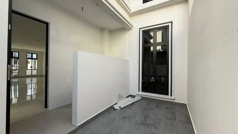 Room features: white painted walls, grey tile flooring, large windows, sliding glass door, open space layout, high ceiling; style: modern.