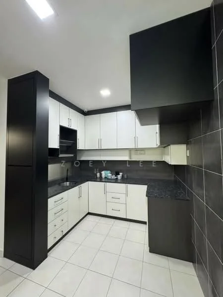 Kitchen features: white cabinetry with flat-panel doors, black granite countertop, stainless-steel sink, chrome pull-down faucet, built-in oven, microwave, ceramic tile flooring, black tiled backsplash, recessed LED downlights, wall-mounted cabinets, open shelving, kitchen island, under-cabinet lighting; style: modern.
