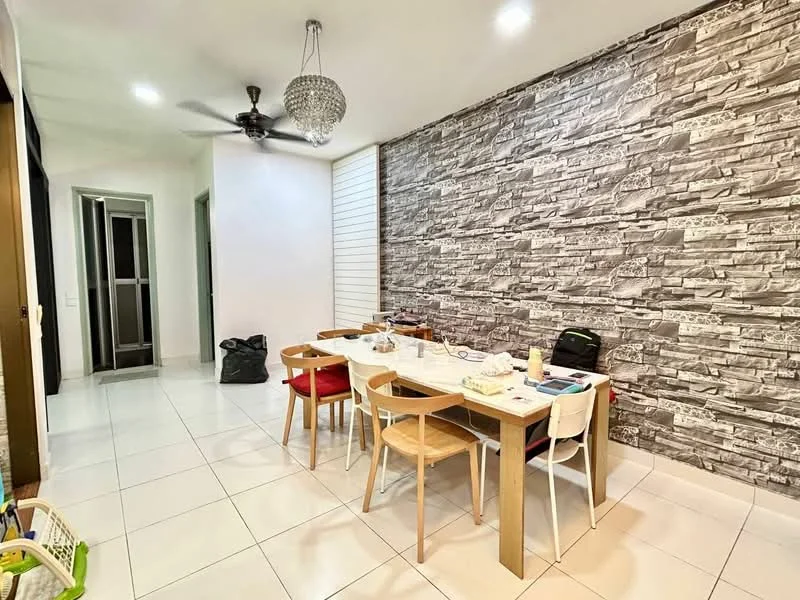 Dining features: white tiled flooring, stone feature wall in grey, rectangular dining table, 4 wooden dining chairs, 2 upholstered dining chairs in red, chandelier light fixture, 5-blade ceiling fan, wall-mounted light, open doorway to hallway, decorative items on table; style: modern. Room features: white painted walls, doorway leading to hallway, black trash bag.