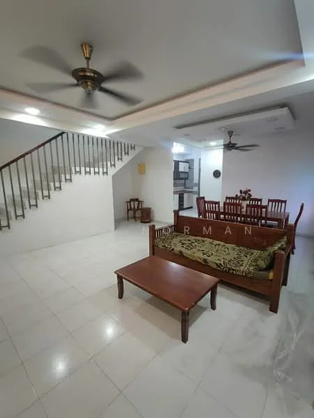 Living features: white painted walls, ceramic tile flooring, 5-blade ceiling fan with light, sofa with floral upholstery, wooden coffee table, wooden dining table with six chairs, staircase with wooden railing, recessed lighting, decorative wall panel; style: modern.