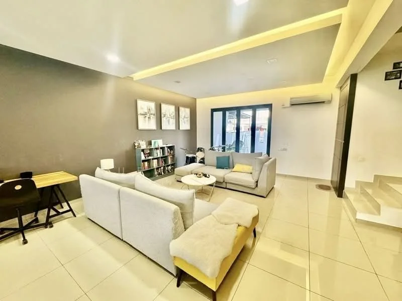 Living features: light grey fabric sectional sofa, 2-seater cream sofa, white coffee table, black study desk, bookshelf with books, floor-to-ceiling windows, white tiled flooring, recessed LED downlights, decorative wall art, air conditioning unit, neutral painted walls, light wood accent, staircase with white steps; style: modern.