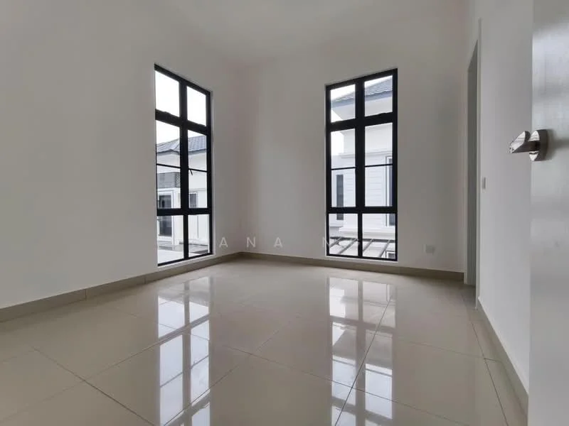 Room features: white painted walls, glossy tile flooring, floor-to-ceiling windows, black window frames, natural light, neutral color scheme, high ceiling, minimalist design; style: modern.