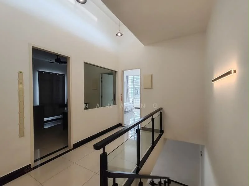 Room features: white painted walls, tile flooring, black railing, ceiling lights, window with sheer curtains, door leading outside, sliding glass door, corner wall with window; style: modern.