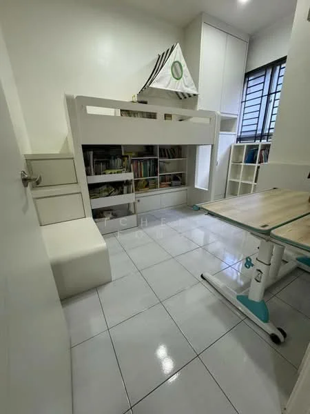 Study features: white built-in shelving, bunk bed with storage underneath, study desk with ergonomic chair, white tiled flooring, large window with black frames, neutral wall color, reading nook with cushion, bookshelves filled with books; style: modern.