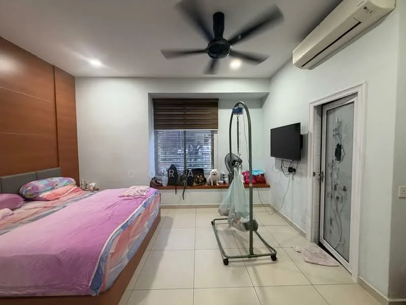 Bedroom features: king-size bed with pink bedding, wood panel accent wall, light grey painted walls, ceiling fan, wall-mounted TV, window with blinds, air conditioning unit, tiled flooring, clothes drying rack, decorative items on dresser; style: modern.