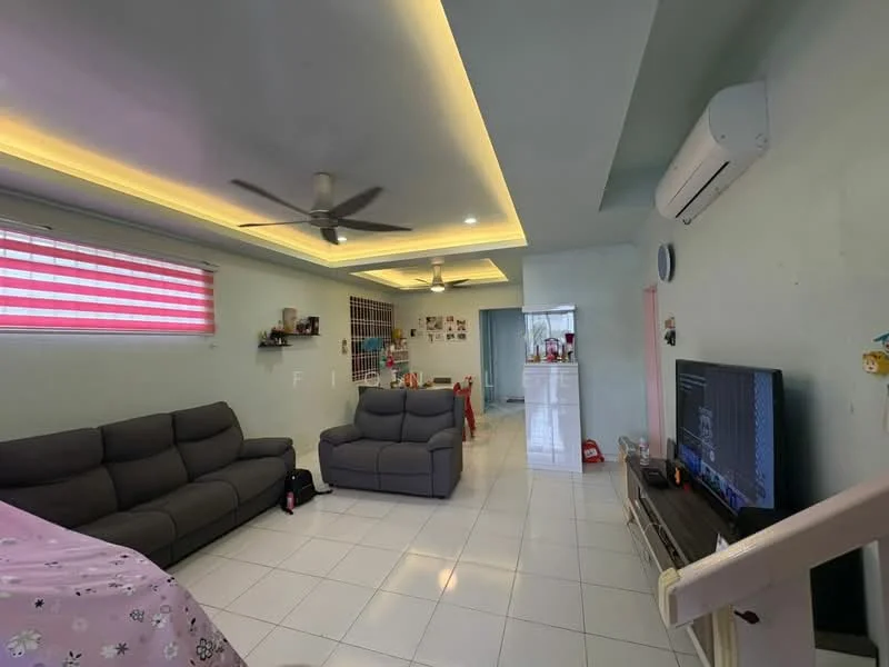 Living features: grey fabric 3-seater sofa, grey fabric 2-seater sofa, white tiled flooring, ceiling fan with light, recessed LED downlights, wall-mounted TV, TV console, decorative wall clock, light green painted walls, window with red and white striped blinds, air conditioning unit, open layout to kitchen area; style: modern.
