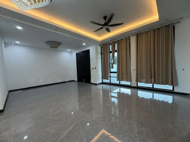 Living features: marble tile flooring, white painted walls, recessed downlights, 5-blade ceiling fan, floor-to-ceiling windows, sheer curtains, blackout curtains, chandelier, sliding glass door; style: modern.