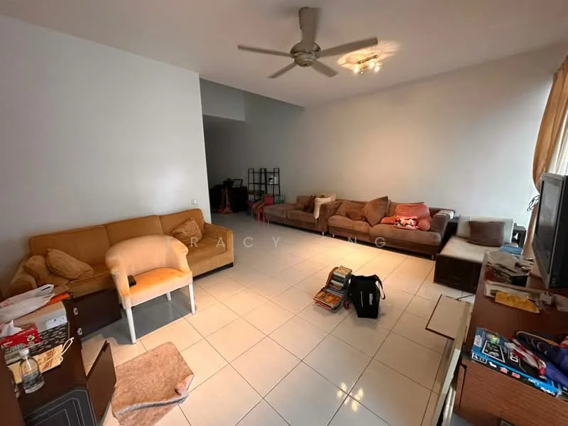Living features: cream painted walls, white tiled flooring, 5-blade ceiling fan, recessed downlights, 2-seater fabric sofa in beige, 3-seater fabric sofa in brown, coffee table, TV console, wall-mounted TV, area rug, decorative items on shelves; style: modern.