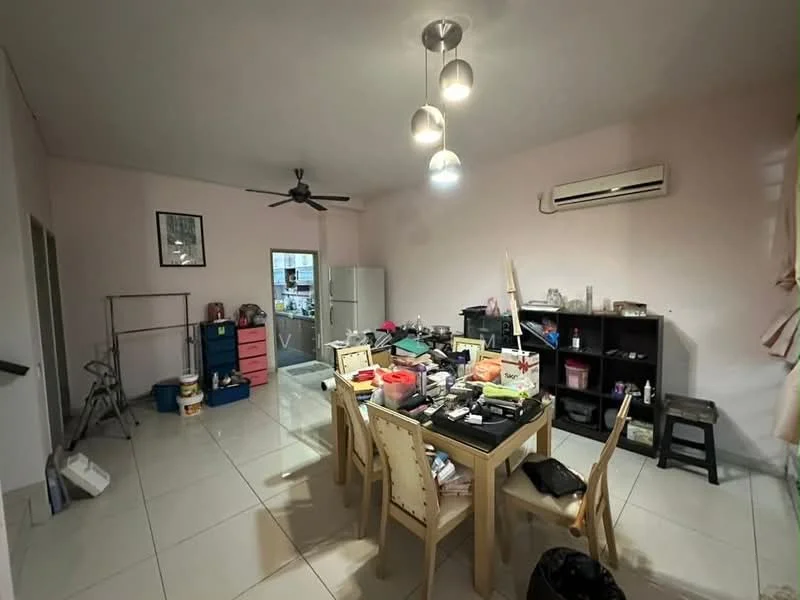 Living features: white painted walls, tile flooring, 5-blade ceiling fan, recessed downlights, dining table with chairs, black shelving unit, white refrigerator, various storage boxes, open doorway leading to balcony, cluttered workspace, multiple decorative items.