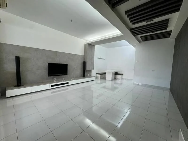 Living features: white tiled flooring, grey accent wall, white media console, wall-mounted TV, 2 tall speakers, recessed ceiling lights, exposed ceiling beams, open layout to dining area; style: modern.