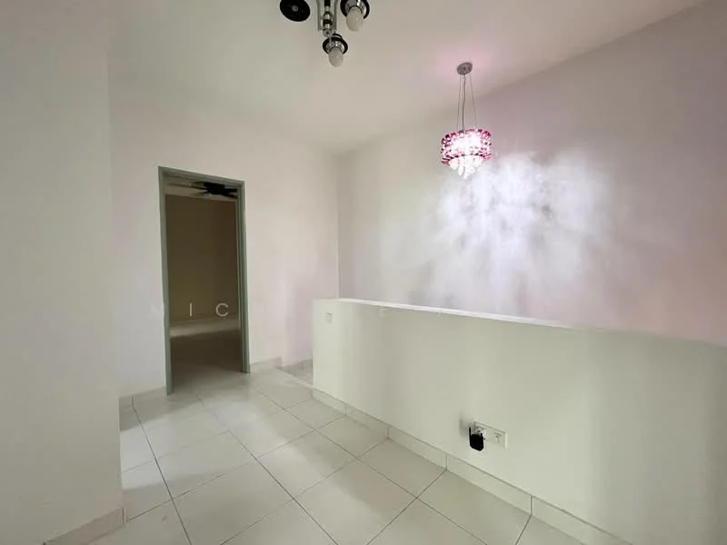 Room features: white painted walls, tile flooring, ceiling light fixture, chandelier, wall-mounted electrical outlet, open layout, neutral color scheme, doorway leading to another room; style: modern.