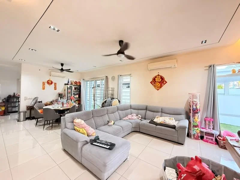 Living features: L-shape sectional sofa in grey, coffee table, wall-mounted TV, 5-blade ceiling fan, recessed downlights, white painted walls, glossy tile flooring, sliding glass door, sheer curtains, air conditioning unit, decorative wall hangings, open layout to dining area; style: modern; view: garden.
