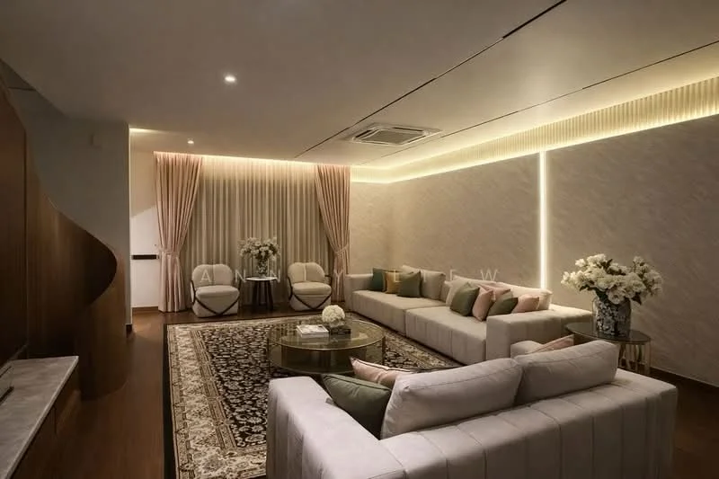 Living features: 3-seater fabric sofa in light beige, 2 armchairs with cream upholstery, round glass coffee table, area rug with intricate pattern, wooden flooring, recessed downlights, soft ambient lighting, floor-to-ceiling curtains in light beige, decorative wall paneling, floral arrangements in vases; style: modern.