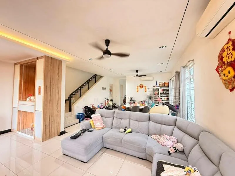 Living features: L-shape sectional sofa in light grey, coffee table, wall-mounted TV, 5-blade ceiling fan, recessed LED downlights, white painted walls, glossy tile flooring, large windows with sheer curtains, decorative wall art, open-plan layout to dining area; style: modern. Dining features: dining table with chairs, bookshelves, decorative items, open shelving, white walls, tile flooring; style: modern.