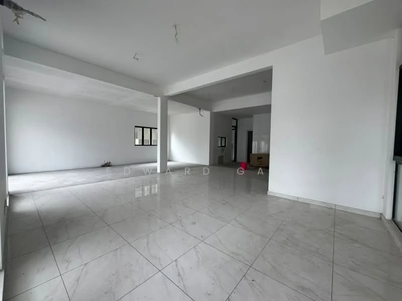 Room features: white painted walls, marble tile flooring, ceiling with recessed lighting, large windows, open layout, no visible furniture, neutral color scheme, high ceiling; style: modern.
