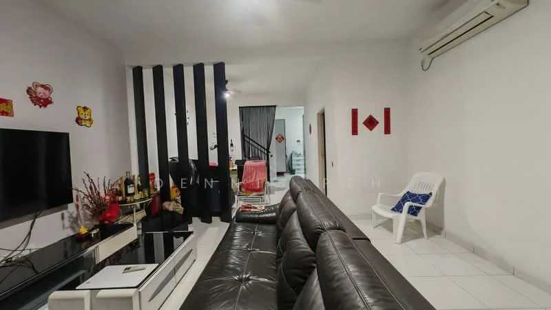 Living features: black leather sectional sofa, white coffee table, wall-mounted TV, decorative wall art, white tiled flooring, air conditioning unit, black accent wall, decorative plants, white plastic chair; style: modern.