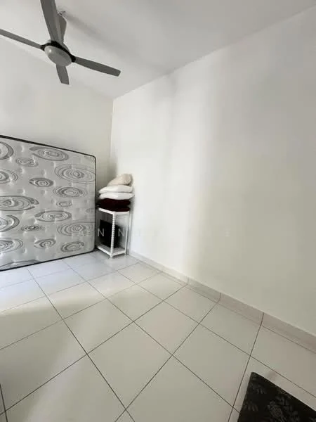 Room features: white painted walls, white tiled flooring, ceiling fan, mattress leaning against wall, stack of pillows on a shelf, small side table; style: minimalist.