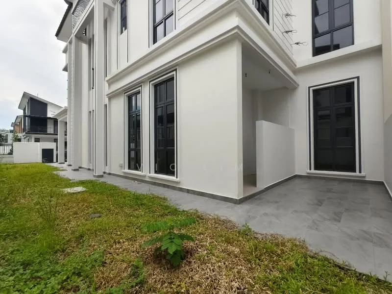 Exterior type: detached bungalow; features: white painted facade, large black-framed windows, sliding glass door, stone-paved walkway, manicured lawn, grass area, modern architectural design, two-storey structure; style: modern.