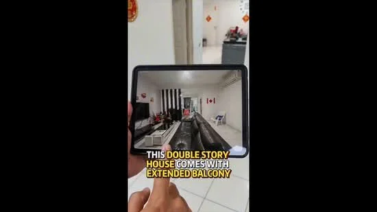 Room features: white walls, tile flooring, extended balcony, sofa set, coffee table, decorative plants, wall-mounted TV, dining table, ceiling fan, recessed lighting; style: modern.