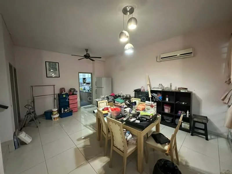 Room features: white painted walls, tile flooring, ceiling fan, 1 wall-mounted split AC, dining table with chairs, refrigerator, black shelving unit, various storage boxes, decorative items on table, light fixture with multiple bulbs.