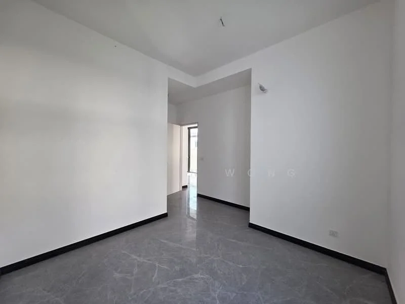Room features: white painted walls, grey marble tile flooring, flat ceiling, single door leading outside, no visible furniture or decor; style: minimalist.