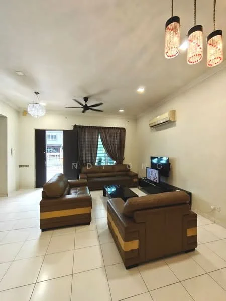 Living features: 3-seater leather sofa in brown, 2-seater leather sofa in brown, coffee table, wall-mounted TV, ceiling fan with light, recessed downlights, floor-to-ceiling windows, curtains, air conditioning unit, white tiled flooring, plain white walls; style: modern.