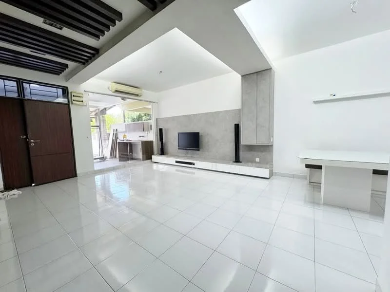 Living features: white painted walls, polished ceramic tile flooring, exposed wooden beams on ceiling, recessed downlights, wall-mounted TV, built-in media console, large windows for natural light, split air conditioning unit, dining table, open layout to kitchen, sliding glass door leading to outdoor area; style: modern; view: garden.