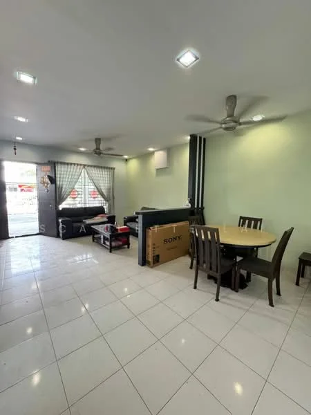 Living features: white painted walls, glossy white tile flooring, 2 ceiling fans, large window with sheer curtains, black sofa, dining table with 4 chairs, TV console, box with brand label visible, recessed lighting; style: modern.